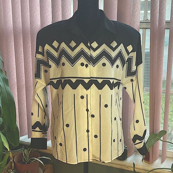 6P Rafaella Petites vintage black & white geometric long sleeve button up blouse - Picture 3 of 8